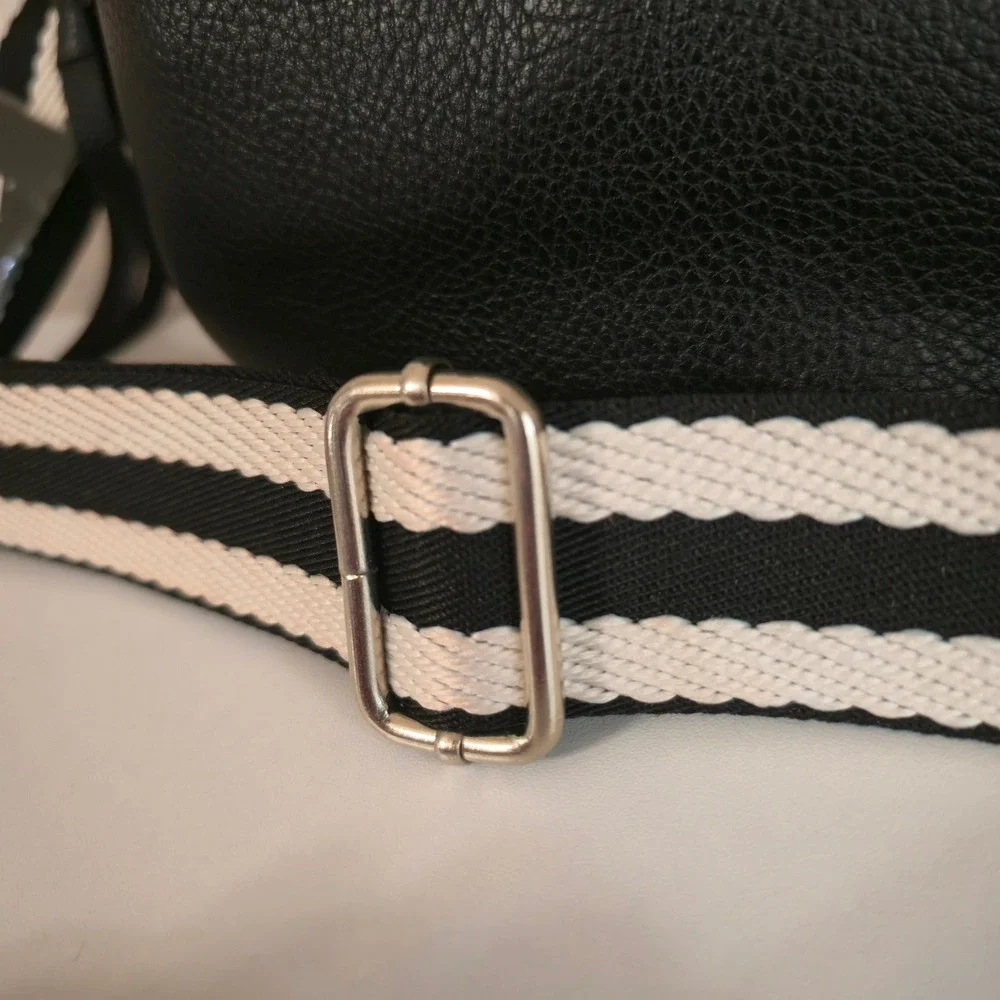 Ulta Beauty Black Pebbled Faux Leather Belt Bag Striped Guitar Strap NWT